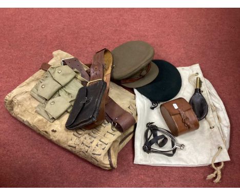 British Army Webbing, including Sam Browne belt, belt and pouch, beret, Royal Berkshire Regiment peaked cap, camp bed (no fra