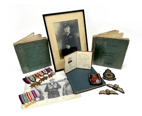 WWII RAF Fighter Command Air Crew Europe Star Medal and Log Book Grouping, plus cloth insignia, photographs, ephemera and oth