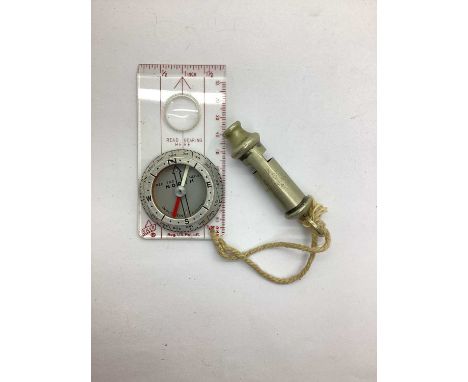 WWII Trench Whistle, marked with broad military arrow and Adie Bros, Birmingham 1940, plus Silva compass.