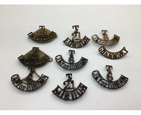 WWI British Territorial Army City of London &amp; Inns of Court shoulder titles and a Guernsey militia shoulder title.