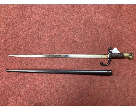 XIX Century French Model 1874 Gras Bayonet and Scabbard, bayonet manufacturer mark 'Mre d'armes de St Etienne Mars 1879' with