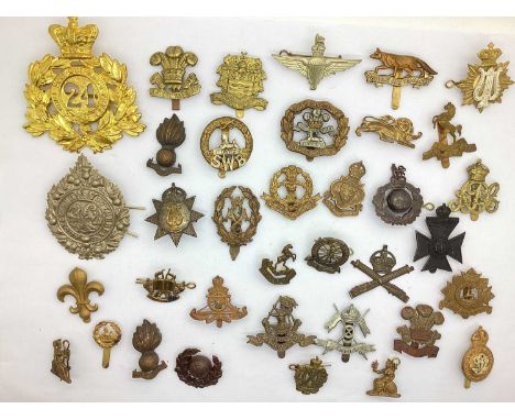 Selection of British Army and Other Nations Cap Badges, including Queens Own Yeomanry, Bedfordshire Regiment, and Middlesex R