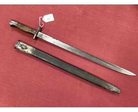 British 1907 Pattern Bayonet and Scabbard, with various marks on blade ricasso including year '15'?, manufacturer mark 'EDF' 