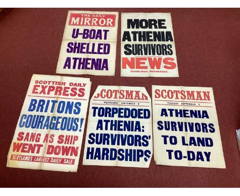 Selection of WWII Phoney War Period Newspaper Stand Fragile Posters/News Sheets, relating to the sinking of the first UK ship