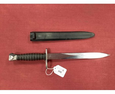 Swiss Model 1957 Bayonet, with manufacturer mark and serial number on ricasso, plus scabbard.