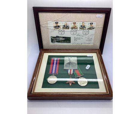 WWII British Medals in Frame with Photograph of Serviceman, including France and Germany Star, Defence Medal and 1939-1945 Wa