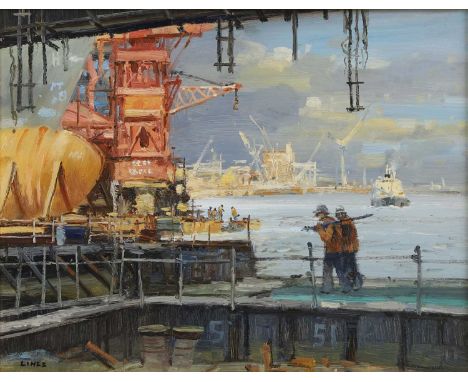 ▲ John Lines (b.1938) 'Evening Shift, Swan Hunters'signed 'LINES' l.l., inscribed with title on artist's label verso, oil on 