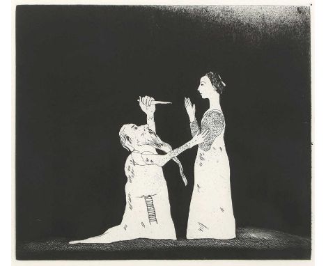 ▲ David Hockney OM CH RA (b.1937) 'Old Rinkrank Threatens the Princess', 1969etching and aquatint, from the story 'Old Rinkra