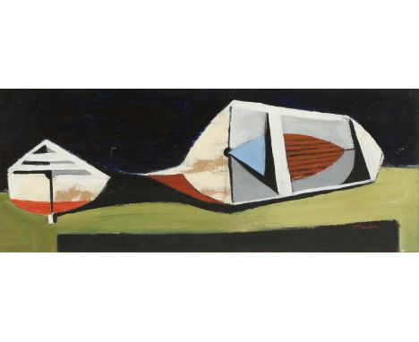 ▲ Jack Pender (1918-1998) 'Two Boats' signed 'J. Pender' l.r. and inscribed with title verso, oil on board33 x 81cmCondition 