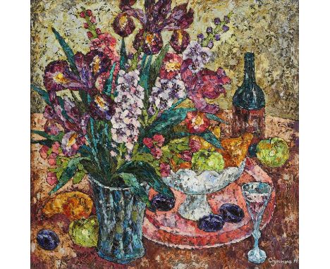 Nadezhda Stupina (b.1967) 'Fruit and Flowers'signed in Cyrillic l.r., also signed, inscribed in Cyrillic and dated '2007.1' v