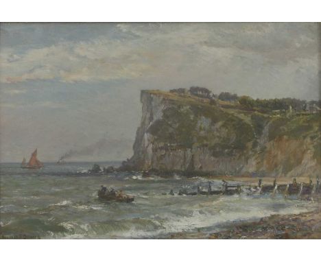▲ Bernard Finnigan Gribble (1872-1962) A coastal scene with a boat at the base of a cliffsigned 'BERNARD F GRIBBLE' l.l., oil