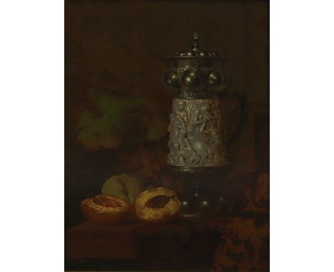 ▲ Andreas Gyula Bubarnik (Hungarian, 1936-2010) An ivory tankard and fruit on a tablesigned 'Bubarnik' l.l., oil on board40 x