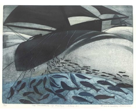 ▲ Elizabeth Morris RA (contemporary) ‘The Multitude of Fishes. John 21' etching and aquatint in colours, signed 'Elizabeth Mo