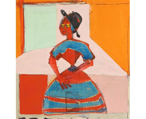 ▲ John Kiki (b.1943) Woman in a dress signed 'John Kiki' and dated 'Feb March 09' verso, mixed media on canvas136 x 129cmCond