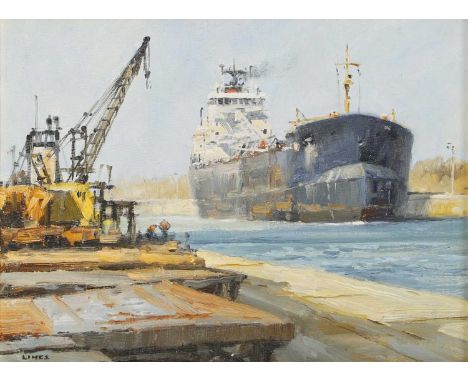 ▲ John Lines (b.1938) 'Great Laker', Welland Canal, Canada'signed 'LINES' l.l., inscribed with title on artist's label verso,