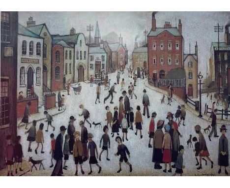 After Laurence Stephen Lowry RBA RA (British 1887-1976) A Village Square, offset lithograph,18x24ins, mounted, framed and gla