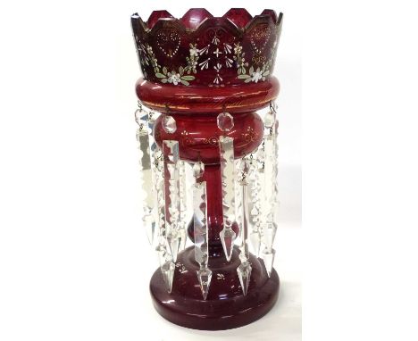 A ruby coloured table lustre with painted floral decoration, 36cm high