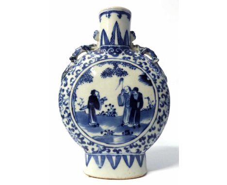 A Chinese porcelain moon flask, late Qing Dynasty with blue and white decoration in Ming style (hairline to rim)