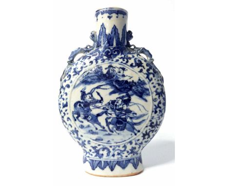 A Chinese porcelain moon flask, late Qing Dynasty decorated in blue and white in Ming style, 22cm high (chip to rim)