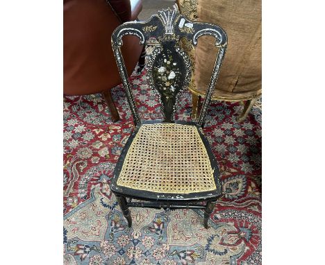 Victorian black lacquered papier mache and mother of pearl inlaid side chair with cane seat