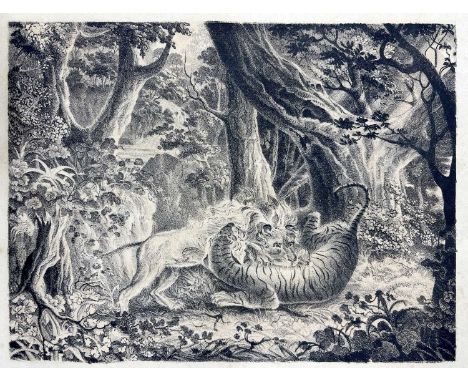 In the manner of George Stubbs ARA (British, 1704-1806), Lion and Tiger in battle, lithograph ,6x8ins, framed and glazed.