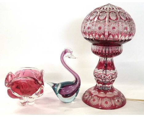 A fine quality cut glass table lamp with matching cut glass shade with ruby flashing in Bohemian style together with a small 