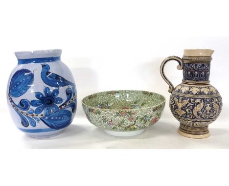 Stoneware jug together with a vase with blue painted bird decoration and a further bowl with printed decoration by Spode