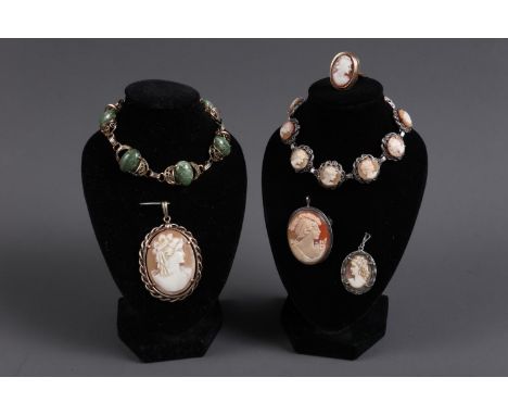 A 9ct gold ring, set cameo portrait, three similar pendants, a white metal cameo bracelet and a gilt metal and green hardston