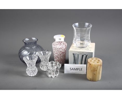 A pair of cut glass brandy balloons, a ruby cut glass vase, three pieces of Dartington Ripple glass and other glass
