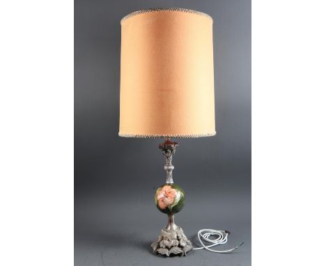 A Moorcroft "Hibiscus" pattern globule shaped table lamp with floral design resin base and column, 17 1/2" high overall