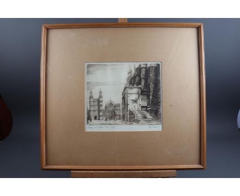 E C Ashwali: a signed etching, "Chapel and Lupton Tower, Eton", in strip frame