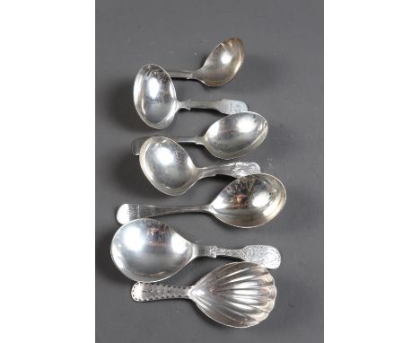 Six Georgian silver tea caddy spoons, and one other, 2.9oz troy approx