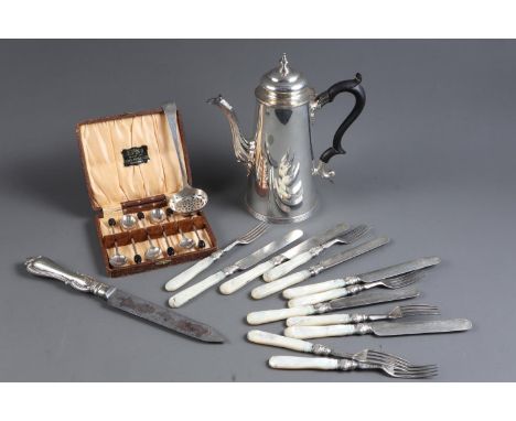 A set of 19th century silver plated desert knives and forks with mother-of-pearl handles, other flatware and a plated coffee 