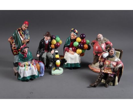 Six Royal Doulton figures, including "Silks and Ribbons" HN2017, "Carpet Seller" HN1464, "Falstaff" HN2054, "The Foaming Quar