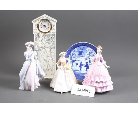 An Art Nouveau Rennie Macintosh style ceramic mantel clock, 12" high, five Royal Worcester figures, "Emily", "Diana", "Masque