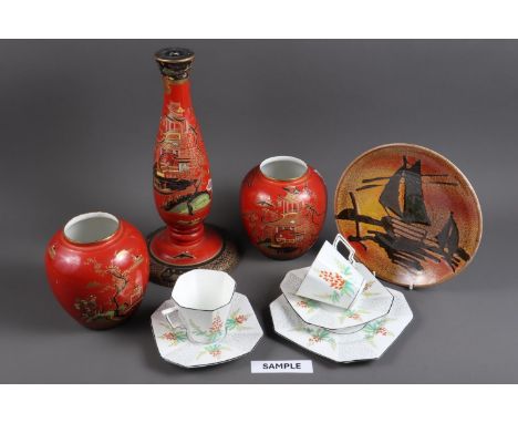 A pair of Carlton Ware china chinoiserie jars and matching table lamp base, other Art Deco ceramics and a Poole Aegean plate 