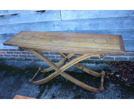 A fiddle back mahogany and brass inlaid console table, on 'X' frame support, 59" wide x 18" deep x 30" high (for restoration)