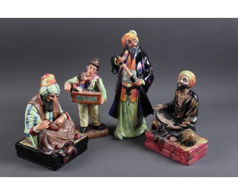 Four Royal Doulton figures, "Cobbler" HN1706, "Blue Beard" HN2105, "Organ Grinder" HN2173, and Mendicant" HN1365