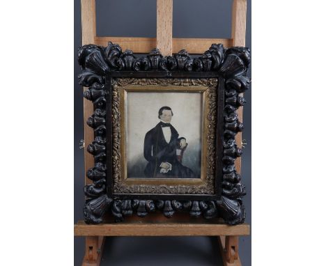 Mid 19th century Naive school: watercolours, portrait of an unknown gentleman, 6" x 5 1/4", in moulded frame