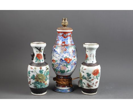 A Chinese Imari decorated vase, now converted as a table lamp, 12" high, and a pair of Chinese crackle glazed and floral deco