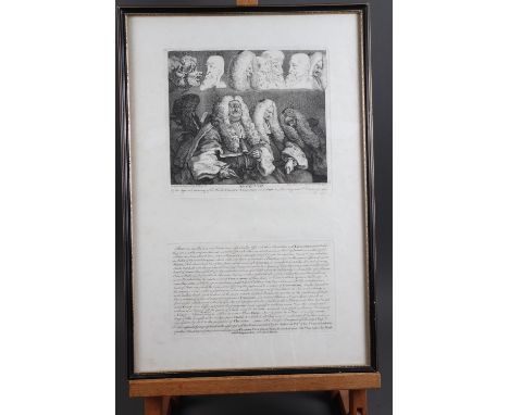 William Hogarth: an 18th century engraving, "The Bench", with accompanying text, in Hogarth frame