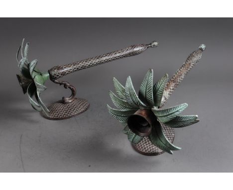 A pair of South African cast brass and patinated palm tree wall brackets, 17" highCondition:One of the sconces is loosely att