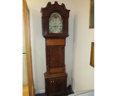 A 19TH CENTURY MAHOGANY CROSSBANDED LONGCASE CLOCK WITH 8 - DAY ROLLING MOON MOVEMENT NATHAN ISAACS - ABERGAVENNY