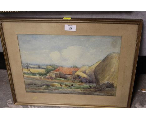 A FRAMED AND GLAZED WATERCOLOUR OF A FARMYARD SCENE WITH CHICKEN SIGNED K N SWANN