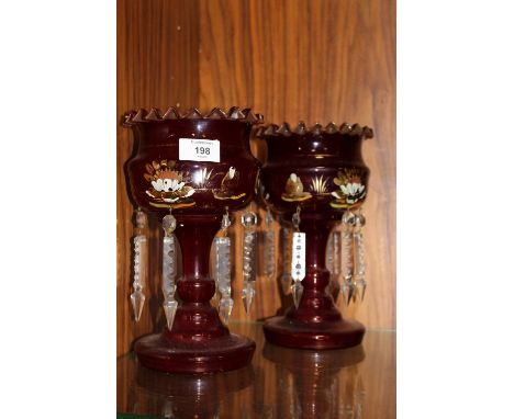 A PAIR OF RUBY GLASS LUSTRES A/F