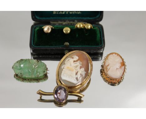 A 9CT MOUNTED CAMEO BROOCH, together with a 9ct mounted Jade brooch a/f, a 9ct amethyst brooch a/f and a small 9 carat gold m