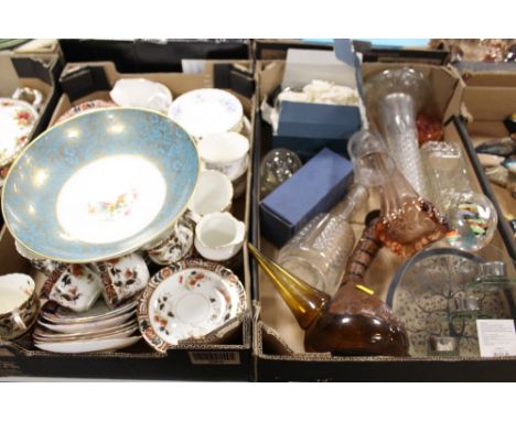 A TRAY OF ASSORTED CHINA TO INCLUDE A MINTON BOWL A/F TOGETHER WITH A BOX OF GLASSWARE TO INCLUDE PAPERWEIGHTS (2)