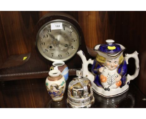 A VINTAGE CERAMIC DOUBLE SIDED TOBY TEAPOT, TWO SMALL MODERN ORIENTAL VASES, A VINTAGE OAK CASED NAPOLEON HAT MANTEL CLOCK AN