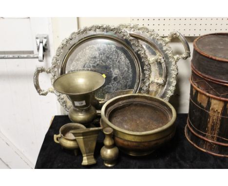 A COLLECTION OF ASSORTED METALWARE TO INCLUDE TWO SILVER PLATED TWIN HANDLED SERVING TRAYS, VINTAGE BRASS VASES ETC. 