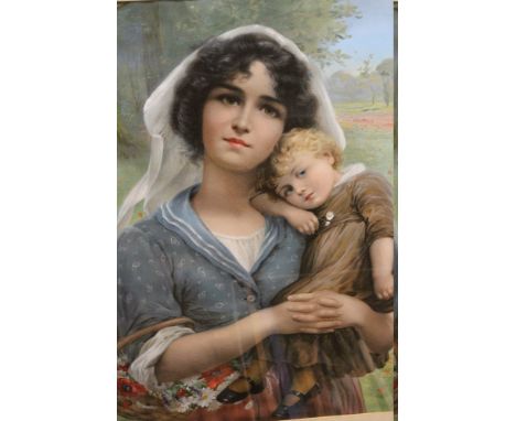 A FRAMED AND GLAZED VINTAGE PRINT DEPICTING A MOTHER AND CHILD 